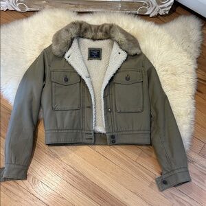 Abercrombie & Fitch Khaki Jacket with Faux Fur Trim